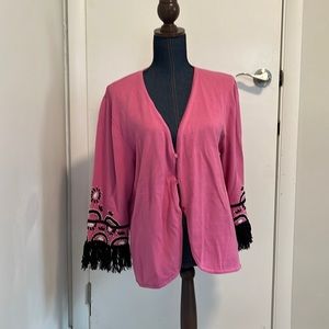 Bob Mackie wearable art pink fringe cardigan size large